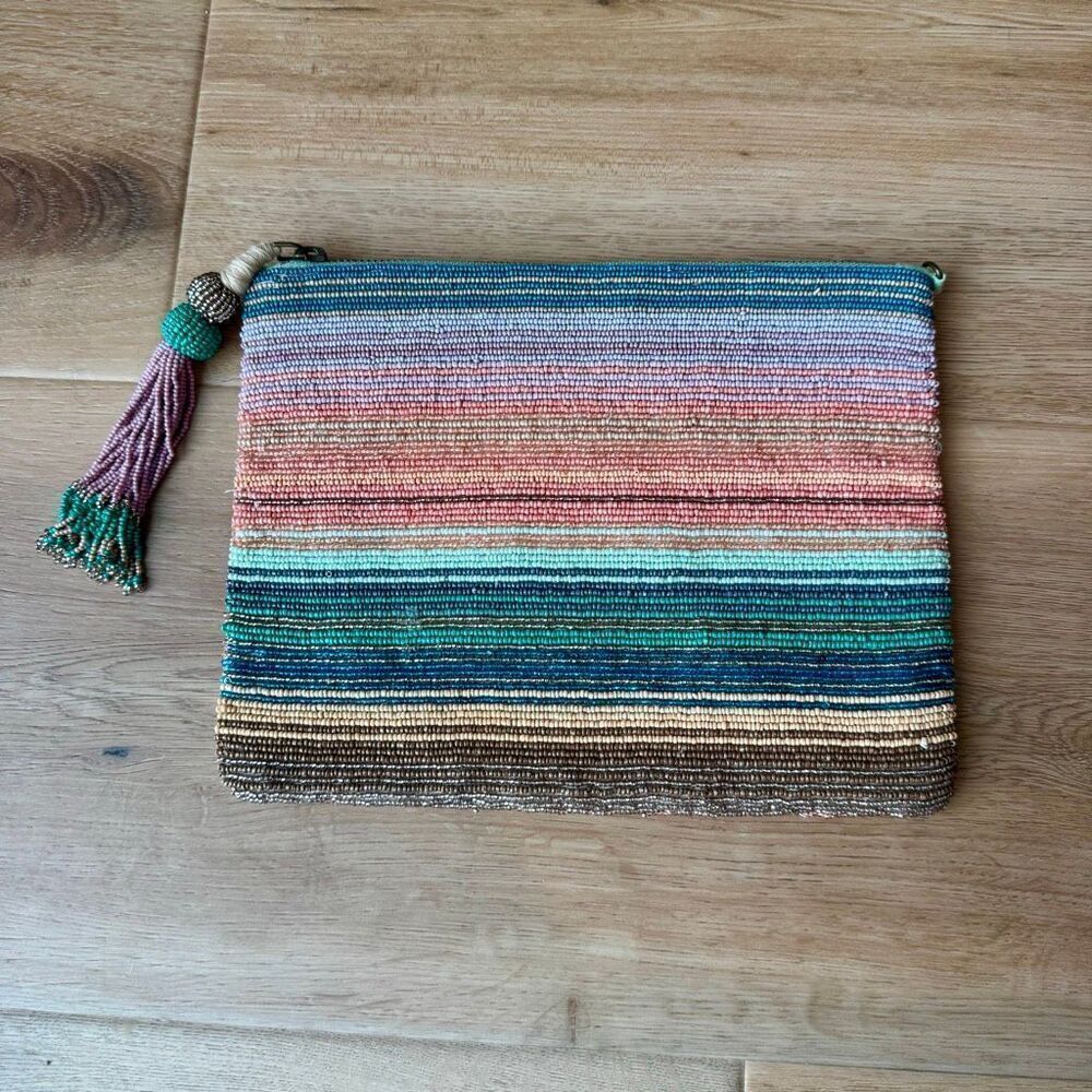 Anthropologie Aurore Beaded Multicolor Boho Eclectic Tassel Striped Clutch NWOT - Picture 5 of 7